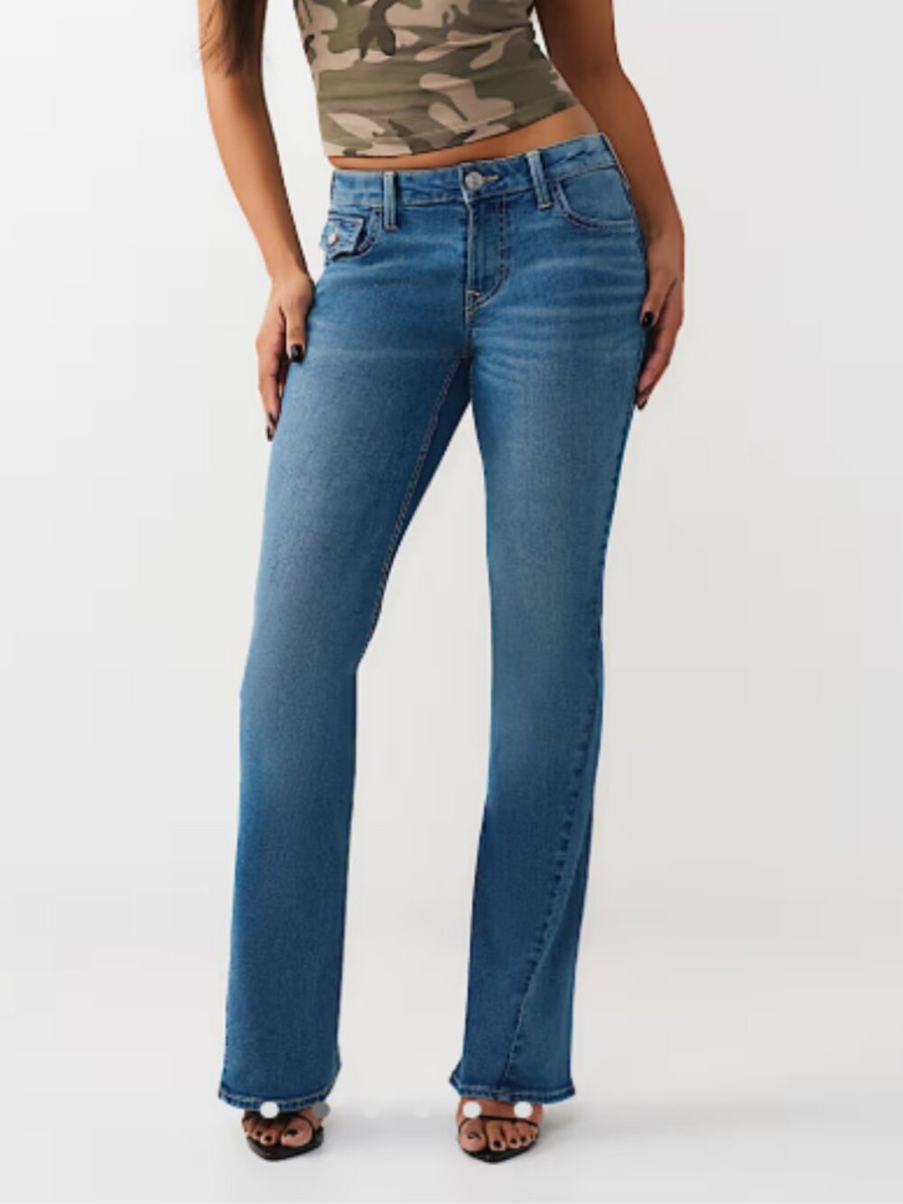 True Religion Women's Joey Mid Rise Flap Flare Jeans Size 34 (14) Medium Wash